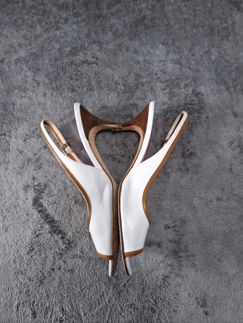 kate spade White Peep-Toe Slingback Heels with Tan Trim and Pink Insole Sz 8.5 - Picture 11 of 14